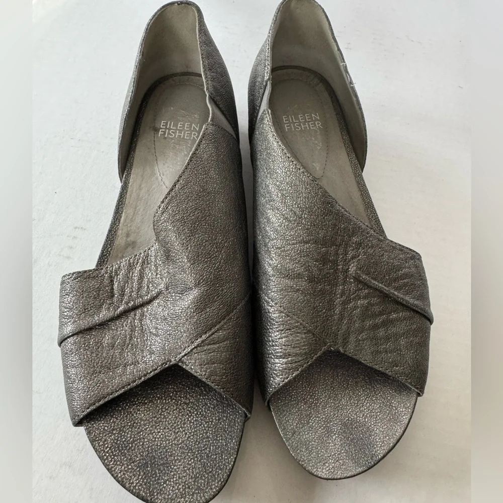 Eileen Fisher Metallic Pewter Leather Peep-Toe Flats